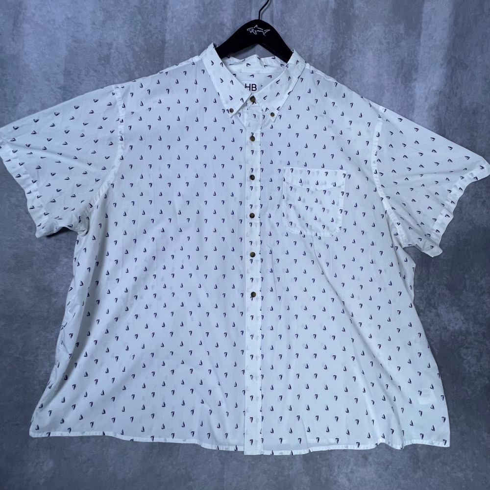 HB‎ Mens 4XL Short Sleeve Button Down Shirt White Blue Sailboat Print Nautical
